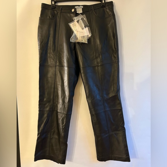 BRADLEY BRADLEY BAYOU BLACK LEATHER WOMAN PANTS WITH SILVER TONE CHAINS 20W - Picture 1 of 13